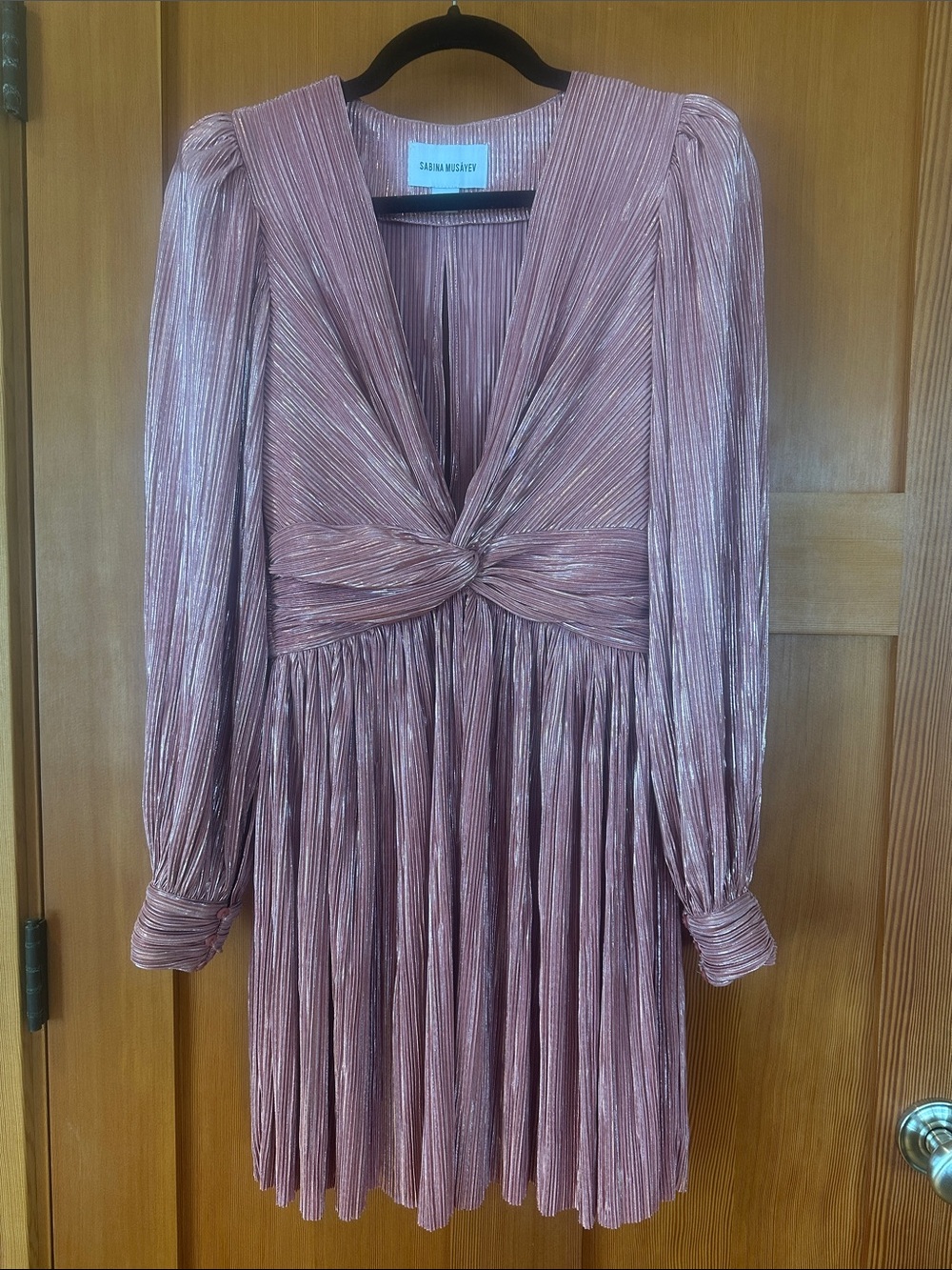 Sabina Musayev Rose Metallic Pleated Twist-Front Long-Sleeve Mini Dress